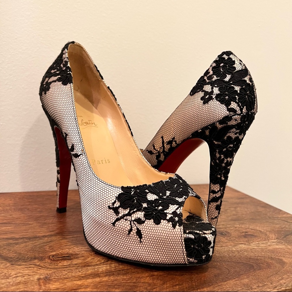 Christian Louboutin Champaign + Black Lace Heels